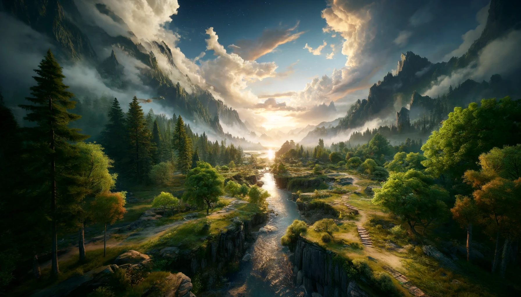 an immersive virtual world, featuring diverse landscapes such as a lush forest, a sparkling river, and distant mountains under a dynamic sky. 